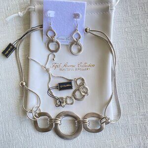 FAC Modern Silver Tone Necklace Earrings & Bracelet NWT